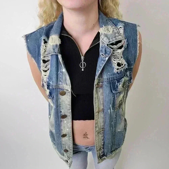 Acid Wash Distressed Denim Jean Vest by Brooklyn Cloth Co. -  S - Picture 6 of 7